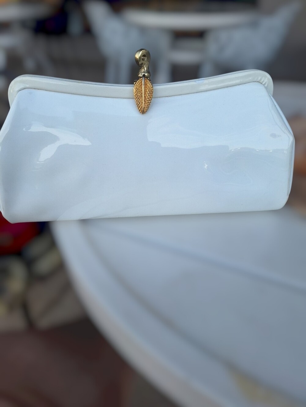 White Patent Clutch with Gold Tonee Leaf Accent Vintage